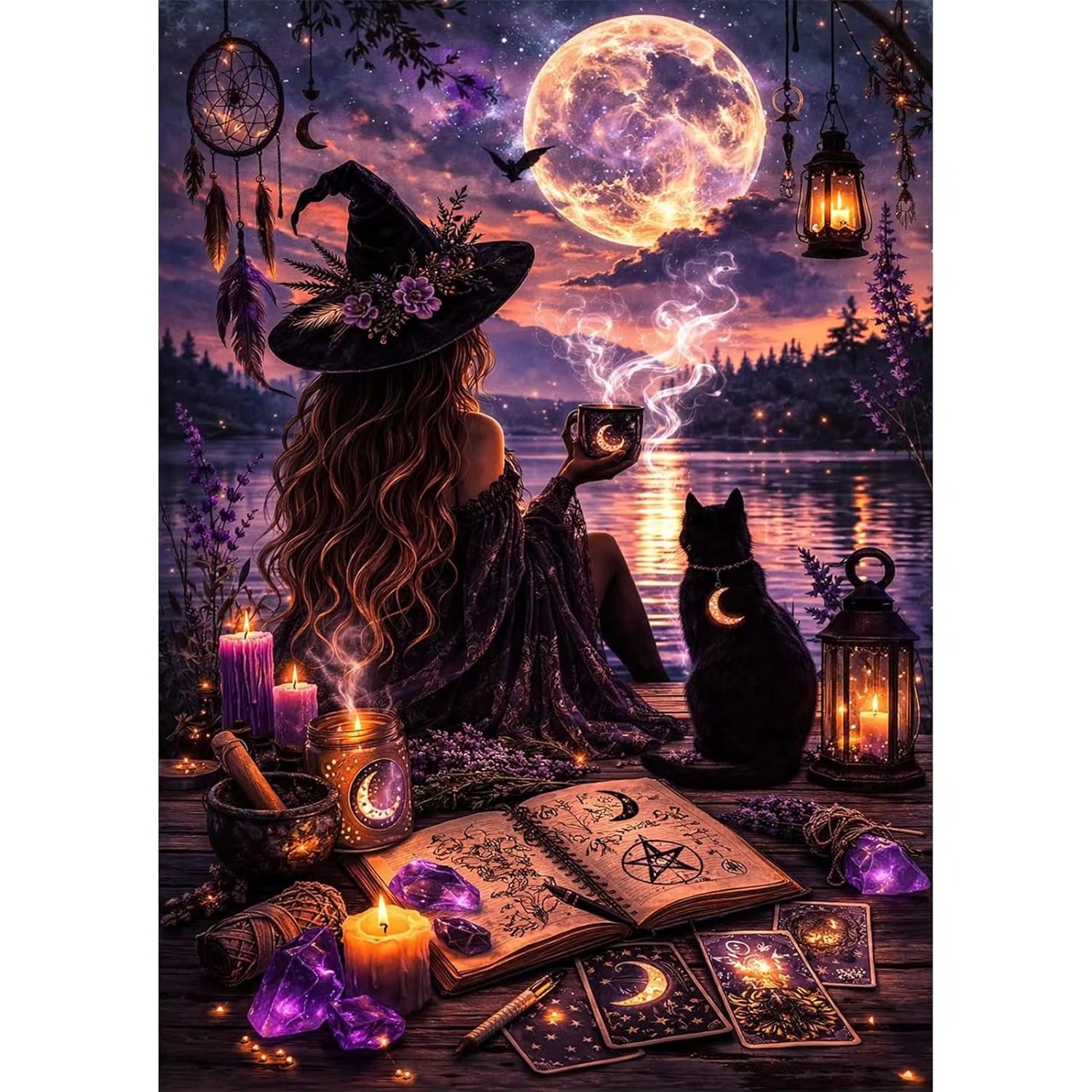 Home Decor Under 1000 - Witch With Black Cat Under Full